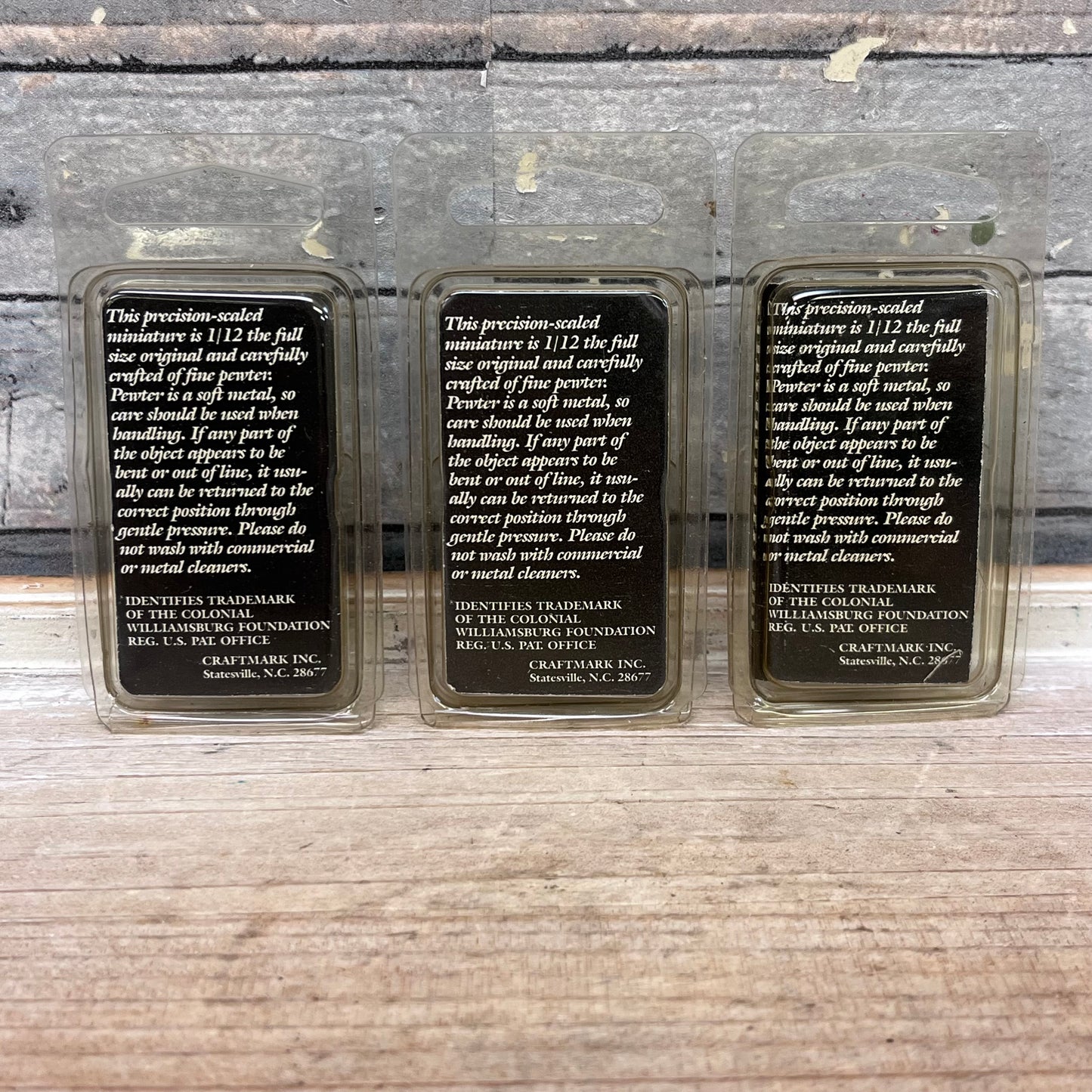 Colonial Williamsburg Pewter Miniatures in Box Set of 3, 1980s