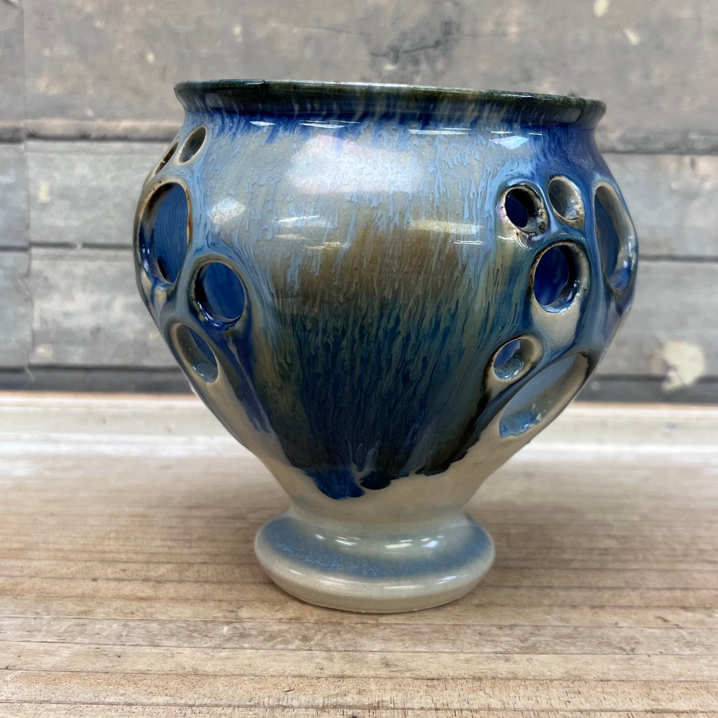 Studio Pottery Drip Glaze Votive Holder, Signed