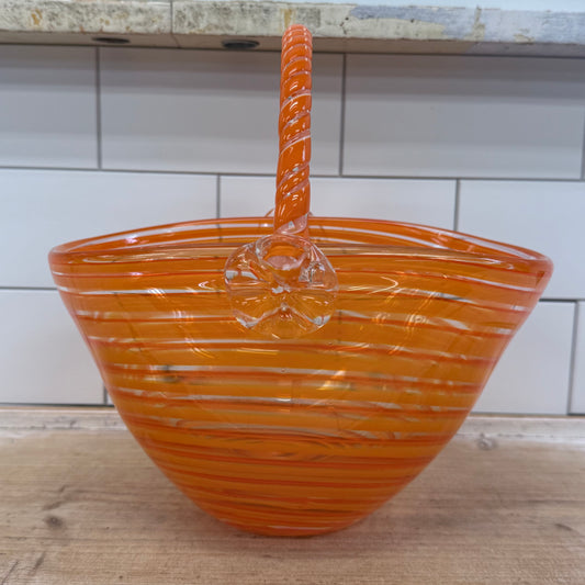 Orange Spiral Hand Blown Art Glass Basket with Handle