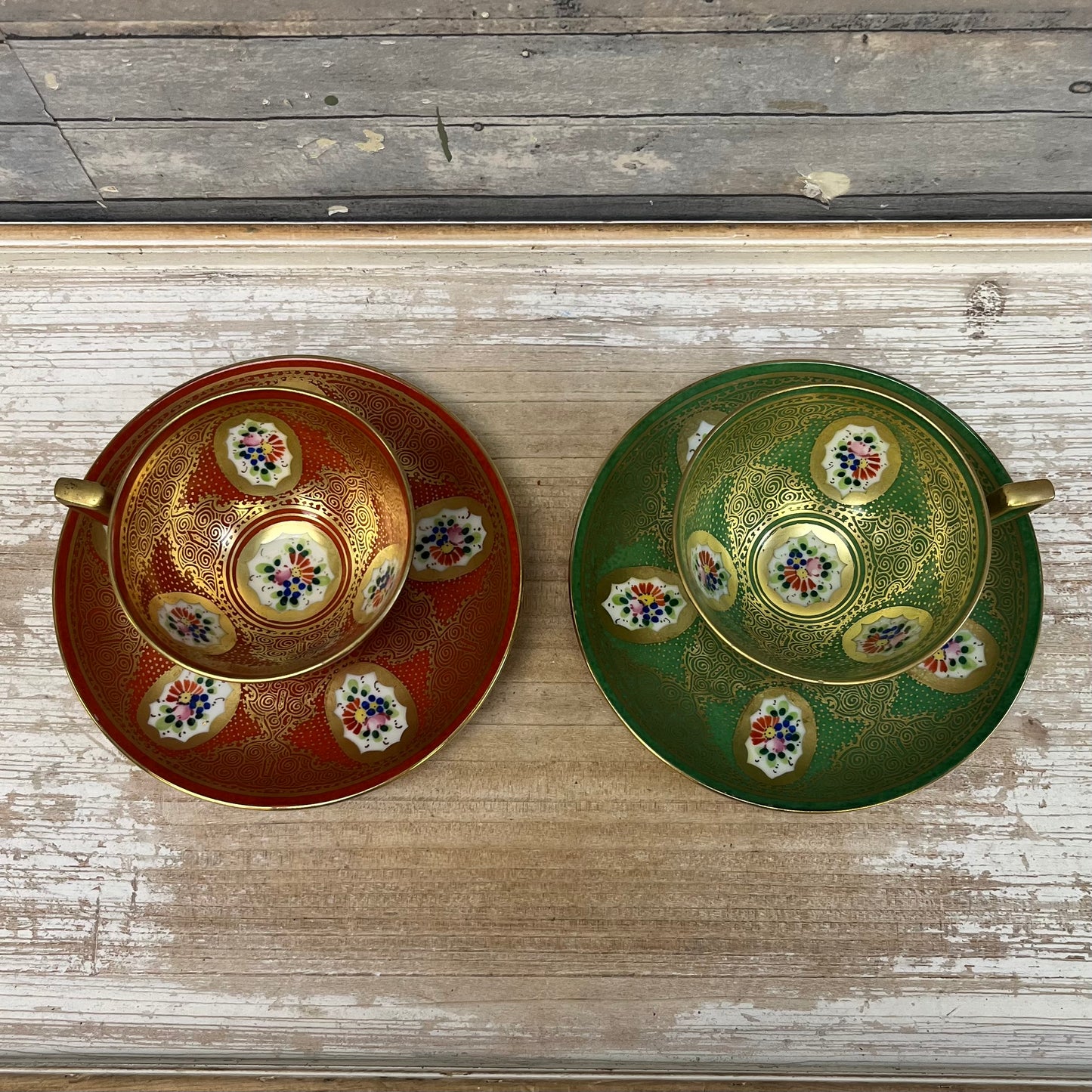 Czech Enameled Porcelain Cup & Saucer, Set of 2