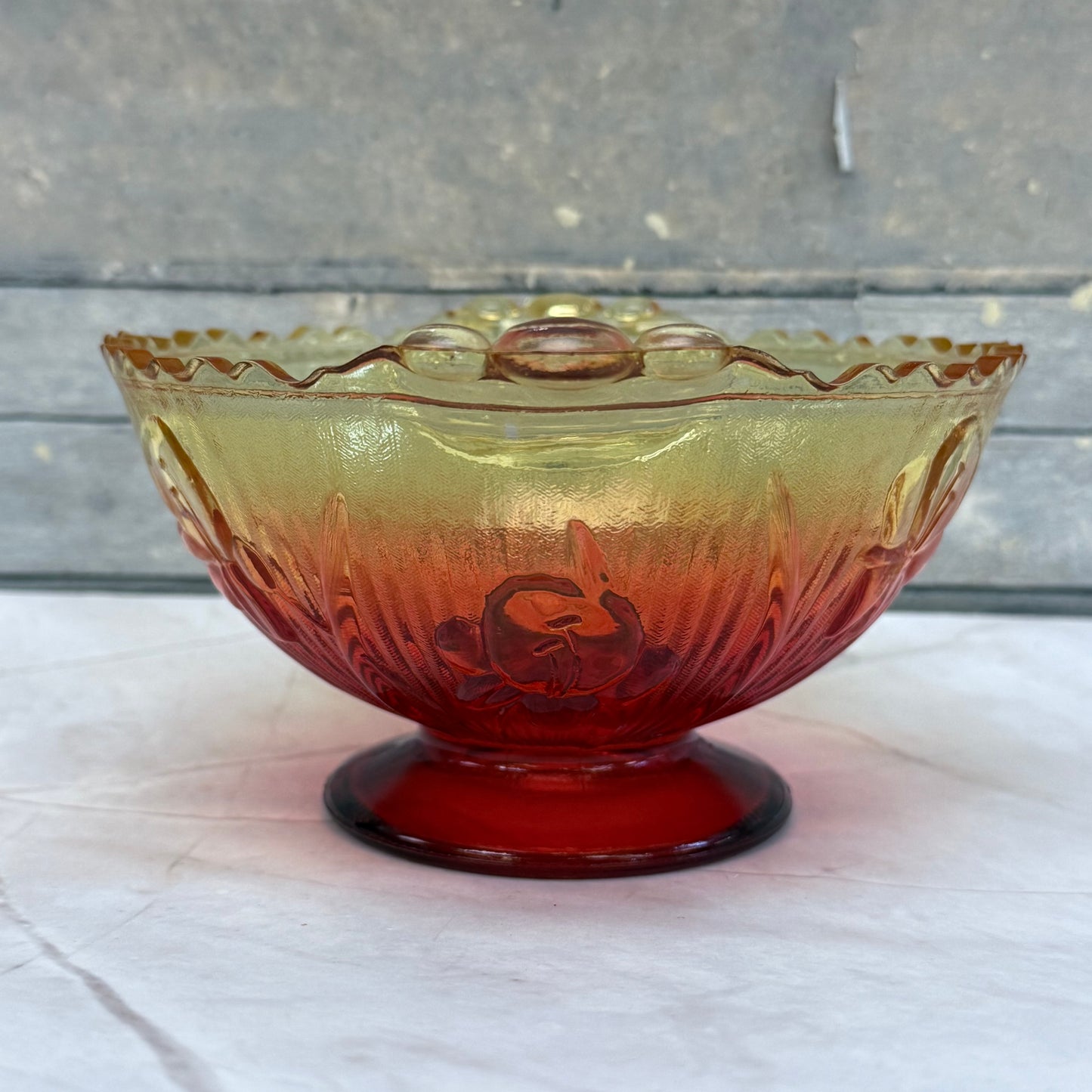 Jeannette Glass Iris & Herringbone Amberina Compote