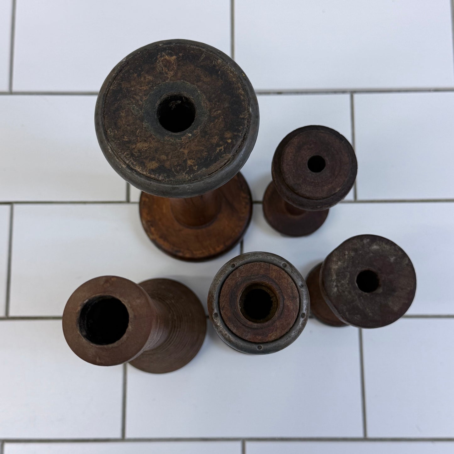 Wooden Textile Mill Bobbins Thread Spools Lot of 5