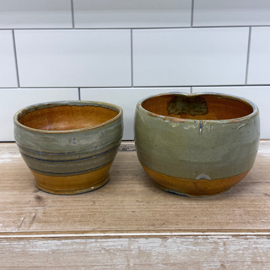 Studio Art Pottery Bowl Set Sage Green Brown Glaze Stoneware