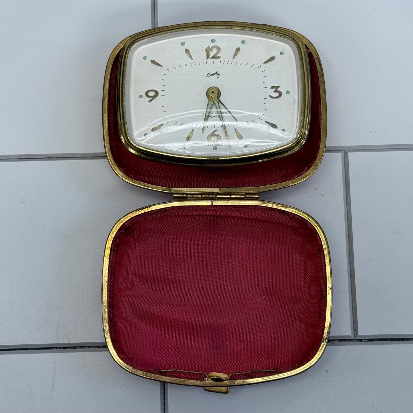 Bradley Mechanical Travel Alarm Clock in Red Leather Case