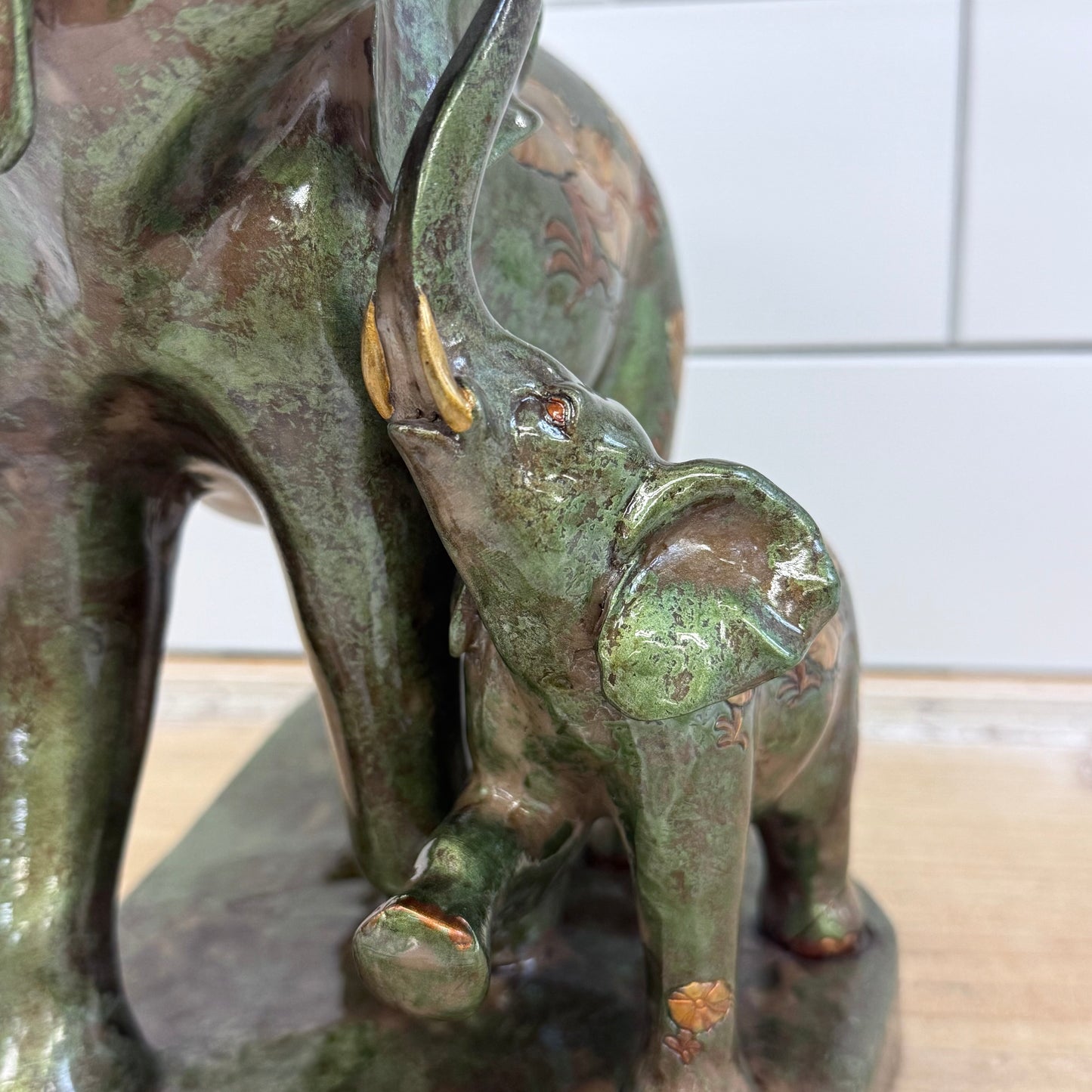 Mother Elephant Calf Figurine Faux Bronze Floral Statue