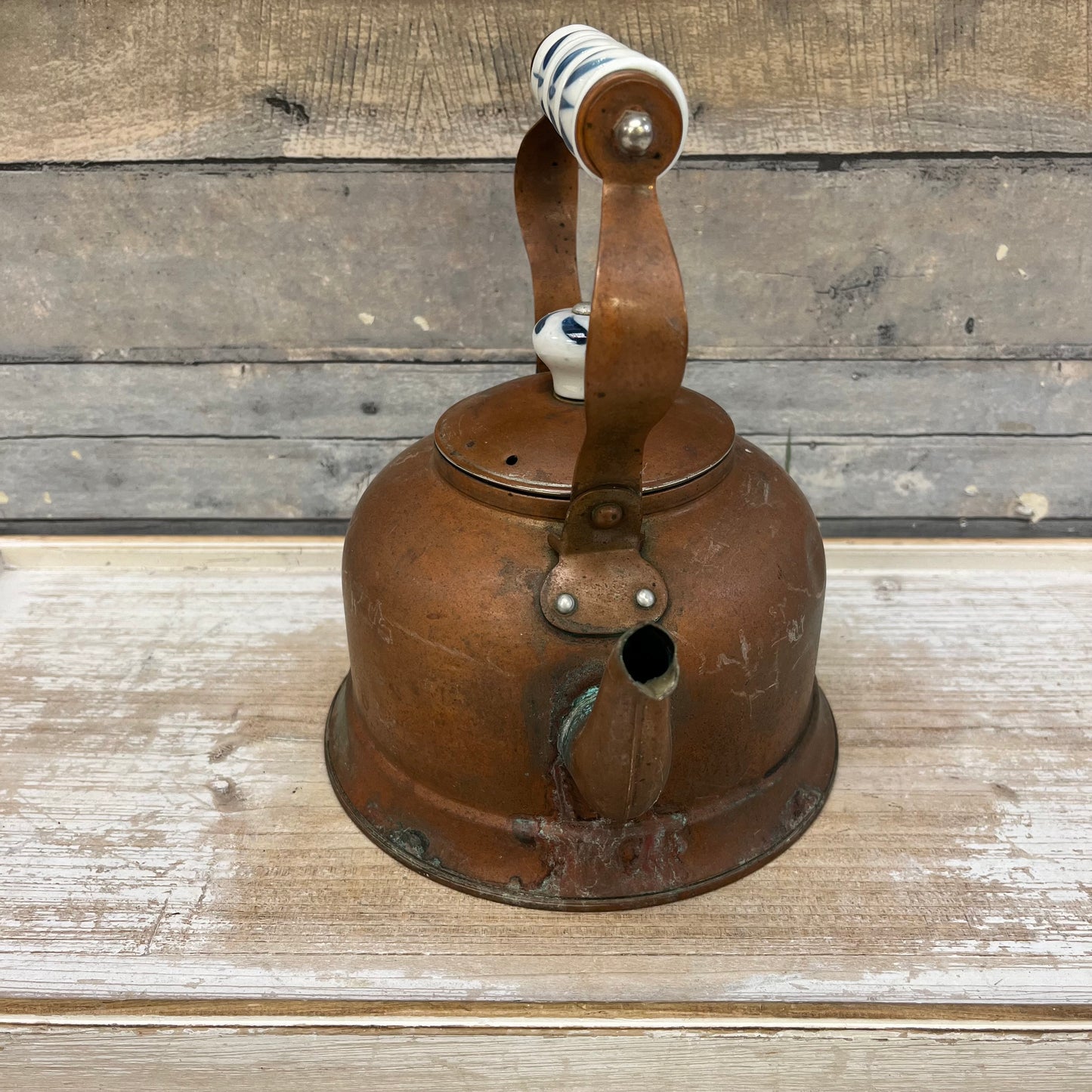Blue & White Ceramic Handled Copper Tea Kettle