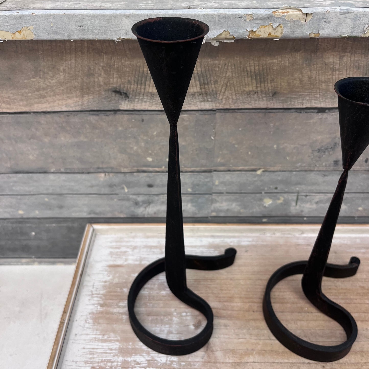 Danish Wrought Iron Curved Candlestick Holders, Set of 3