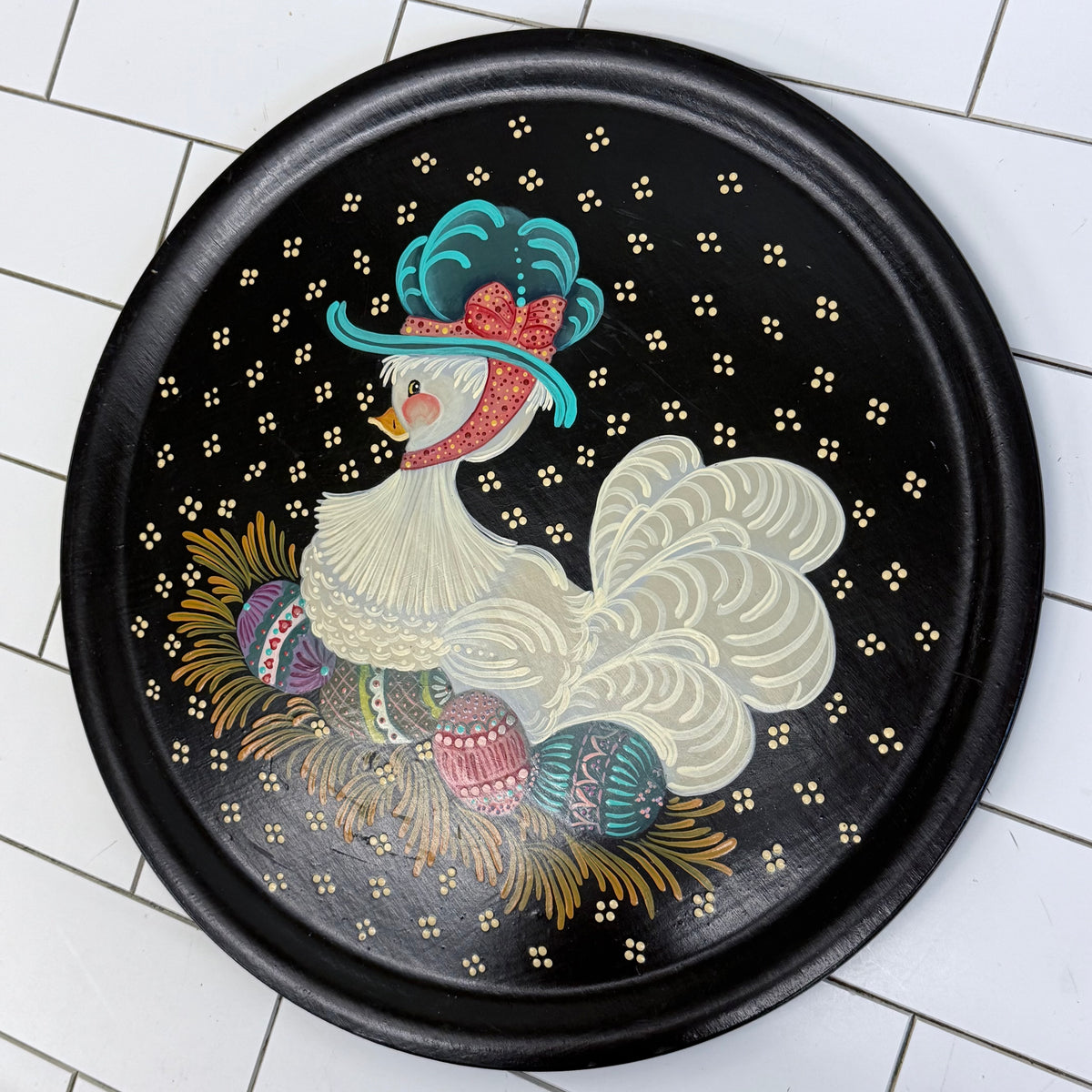 Folk Art Goose Hand-Painted Wooden Tray