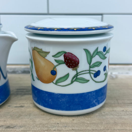 Dansk Fiance Fruits Blue Creamer & Sugar Bowl Set Vintage