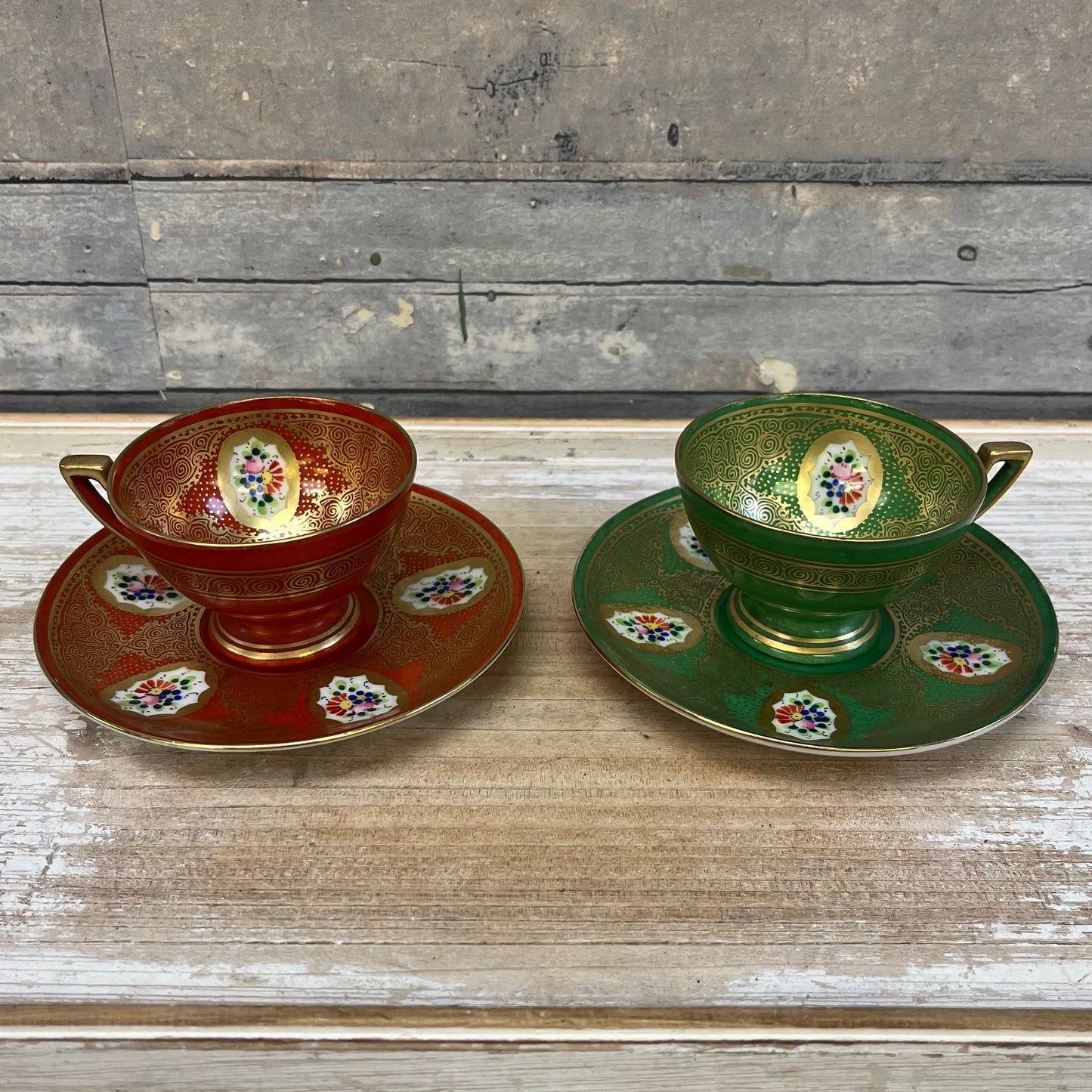 Czech Enameled Porcelain Cup & Saucer, Set of 2