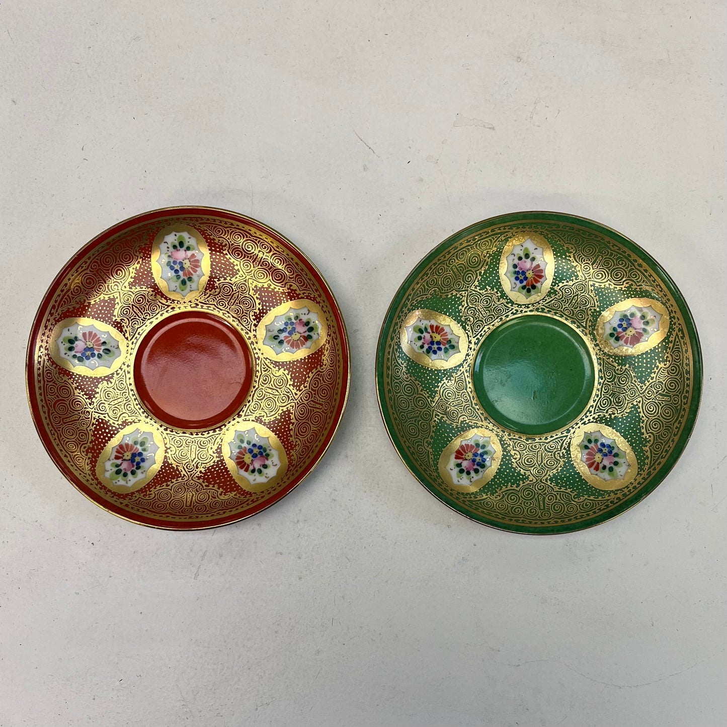 Czech Enameled Porcelain Cup & Saucer, Set of 2