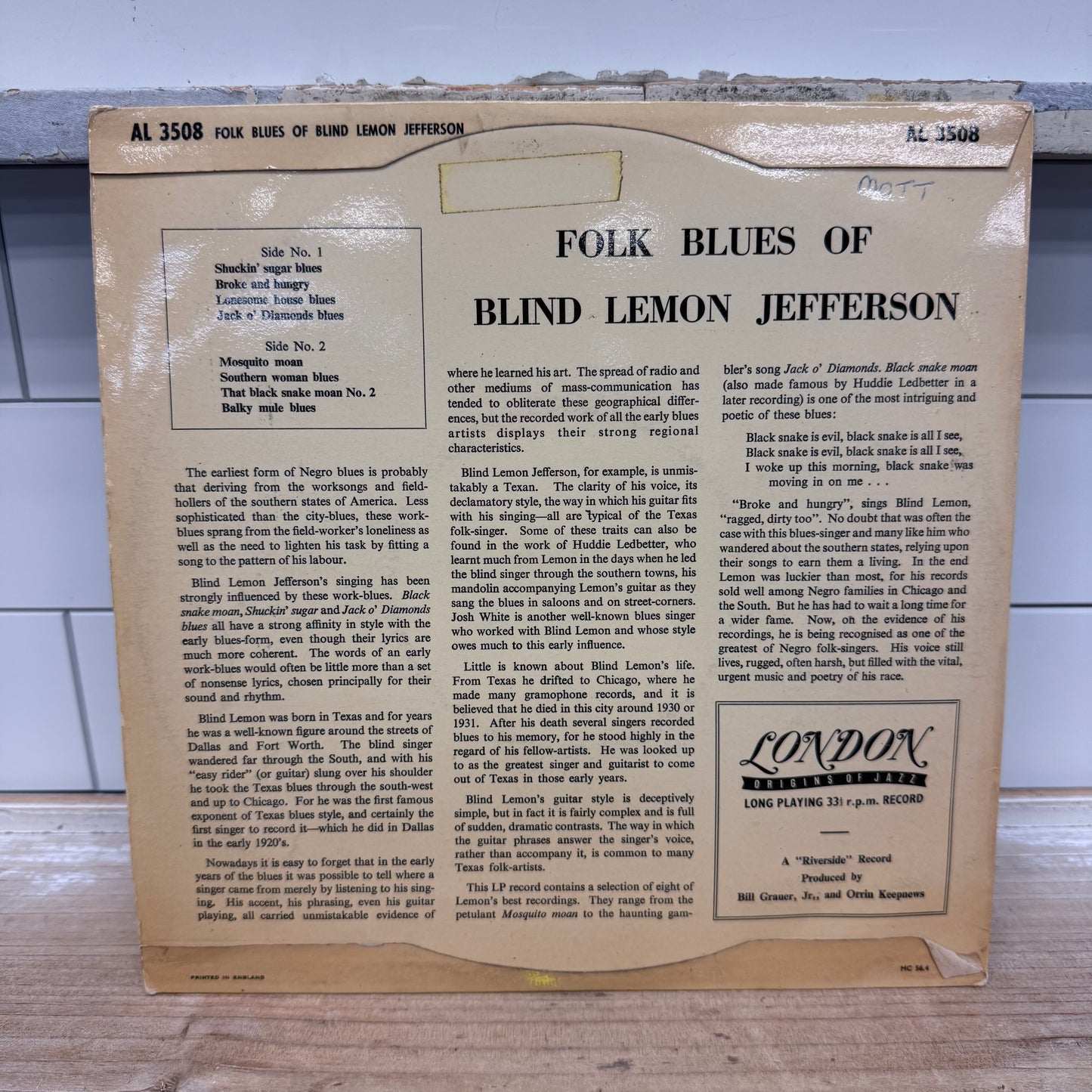 Blind Lemon Jefferson Rare First Press London AL Vinyl Record 1954 #3508