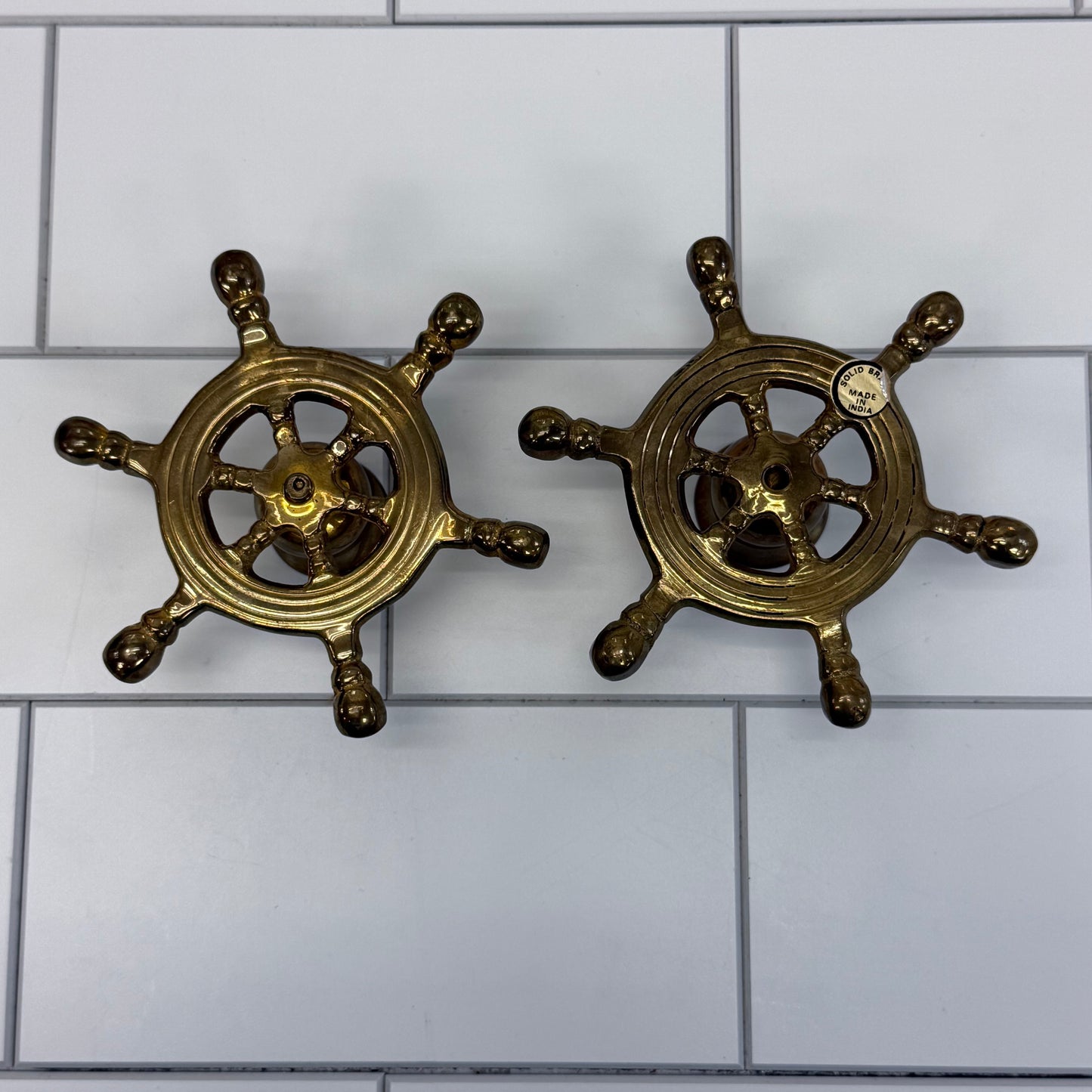 Solid Brass Ship’s Wheel Candlestick Holders, Set of 2