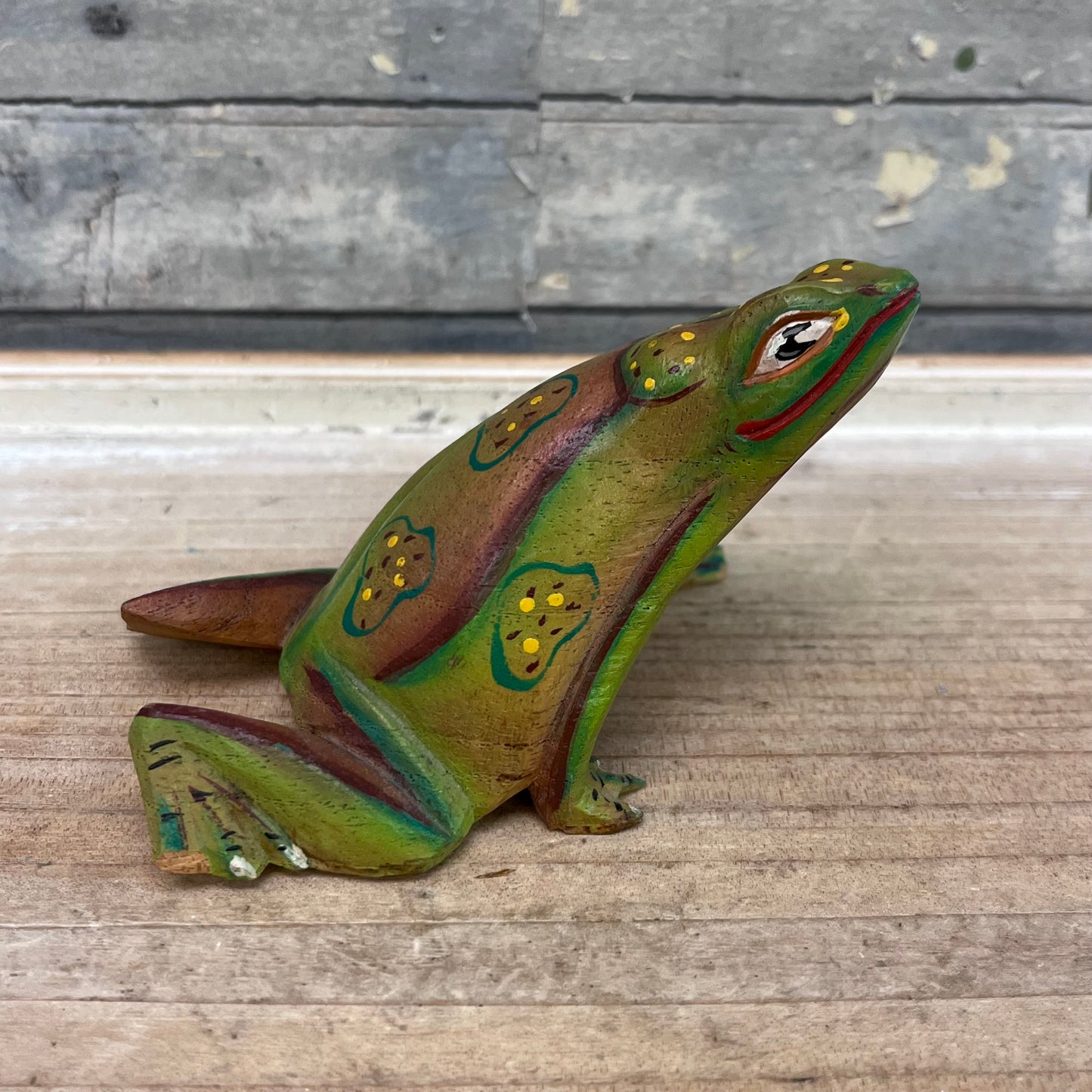 Folk Art Wooden Frog Figurine, Hand Painted