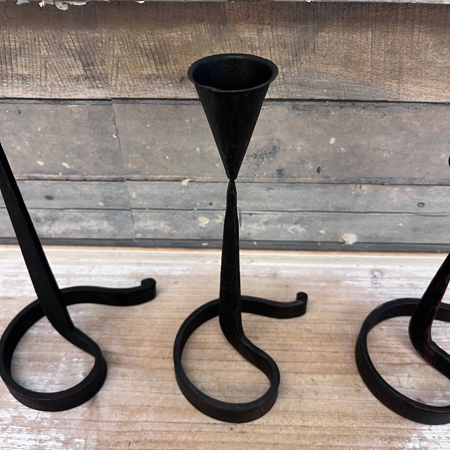 Danish Wrought Iron Curved Candlestick Holders, Set of 3
