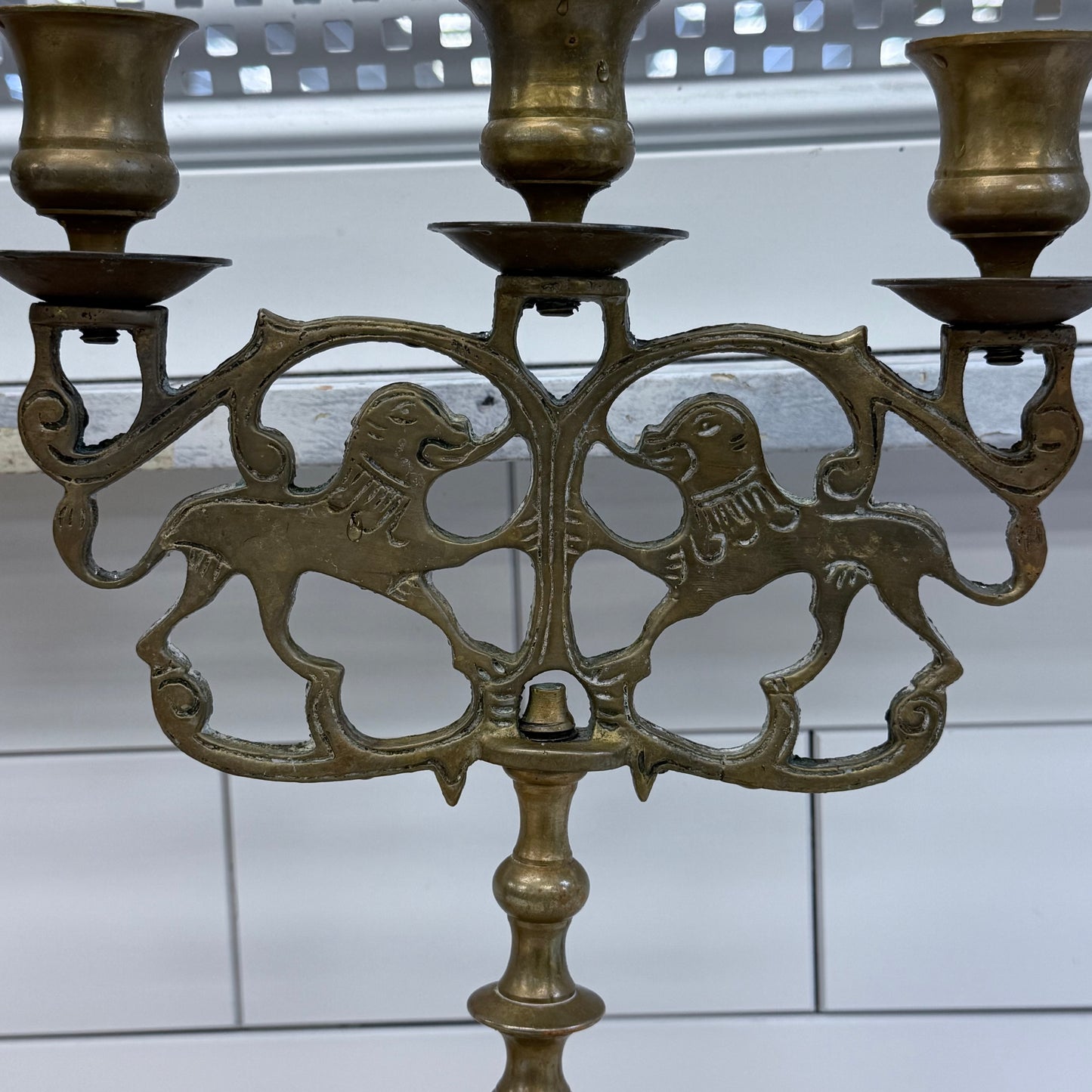 Lion of Judah candelabra Brass Three Light Set of 2