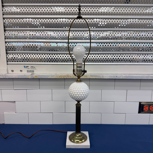 Milk Glass Hobnail Table Lamp Brass Marble Base MCM