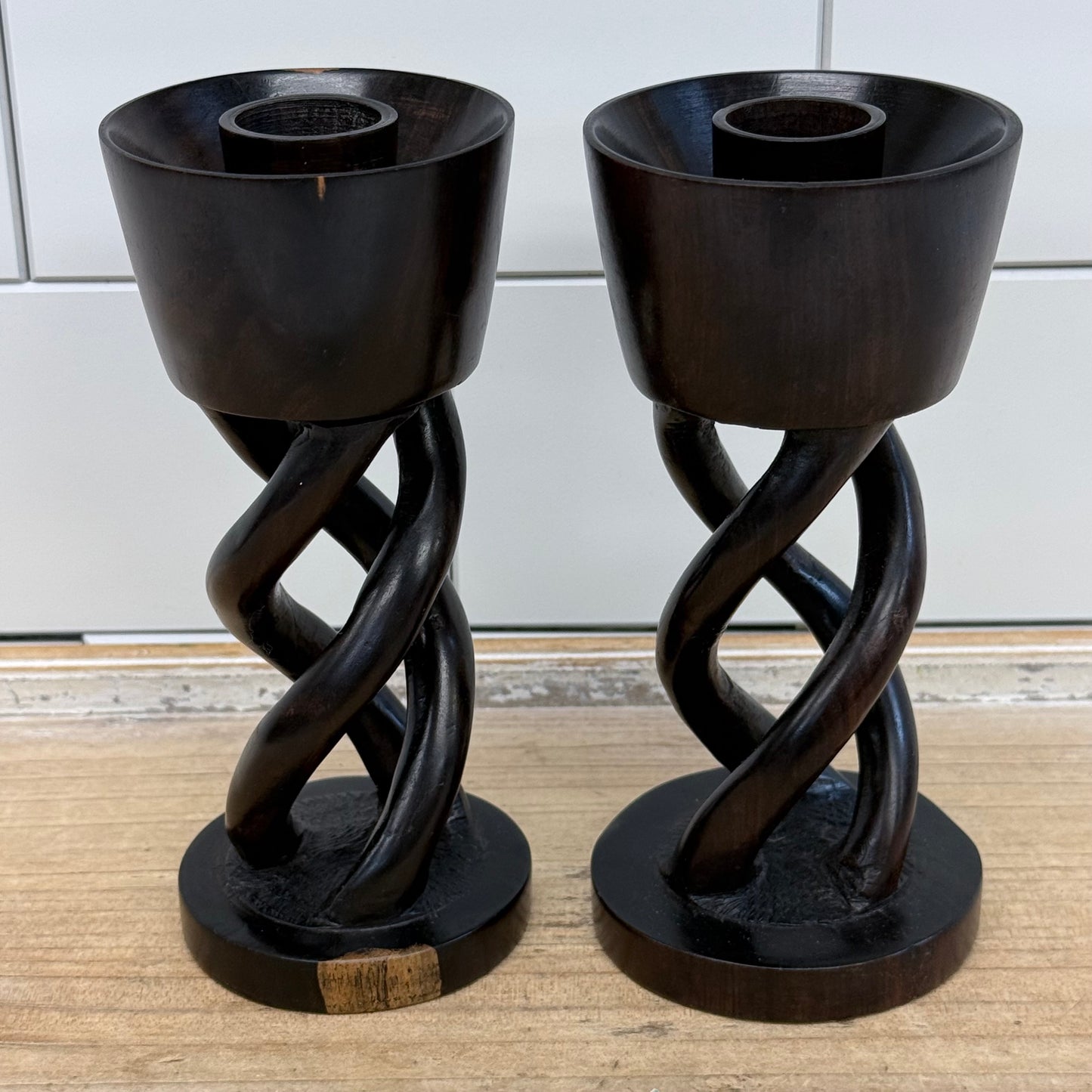 Hand Carved Twisted Helix Wood Candlestick Holders, Set of 2