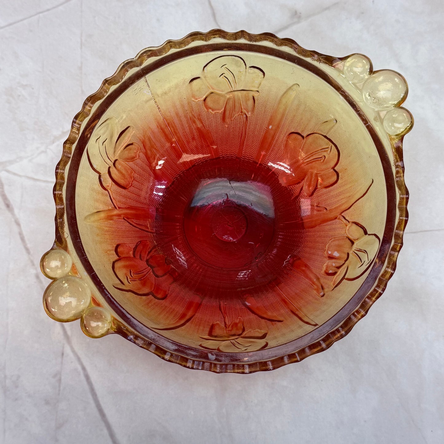 Jeannette Glass Iris & Herringbone Amberina Compote