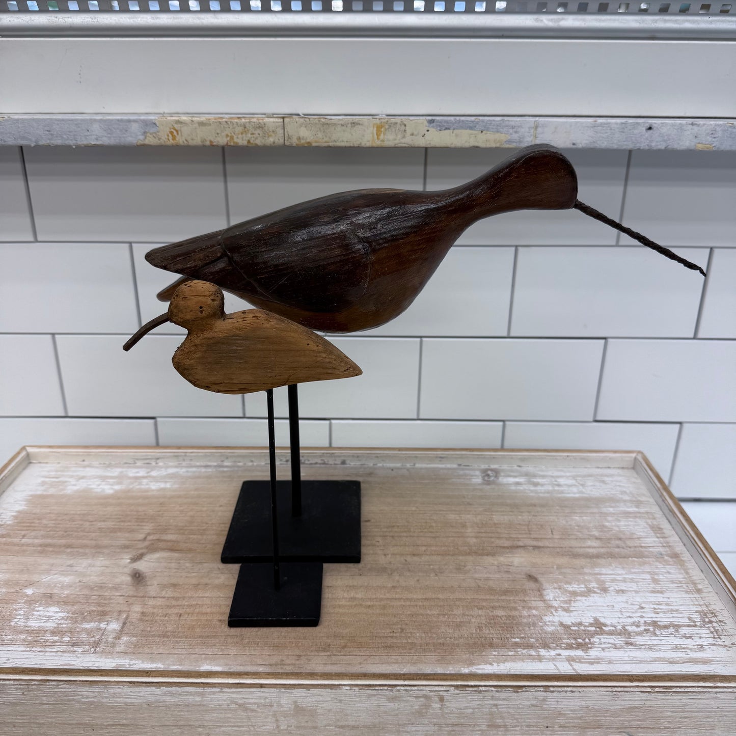 Wooden Curlew Bird Statues, Set of 2 Hand Carved