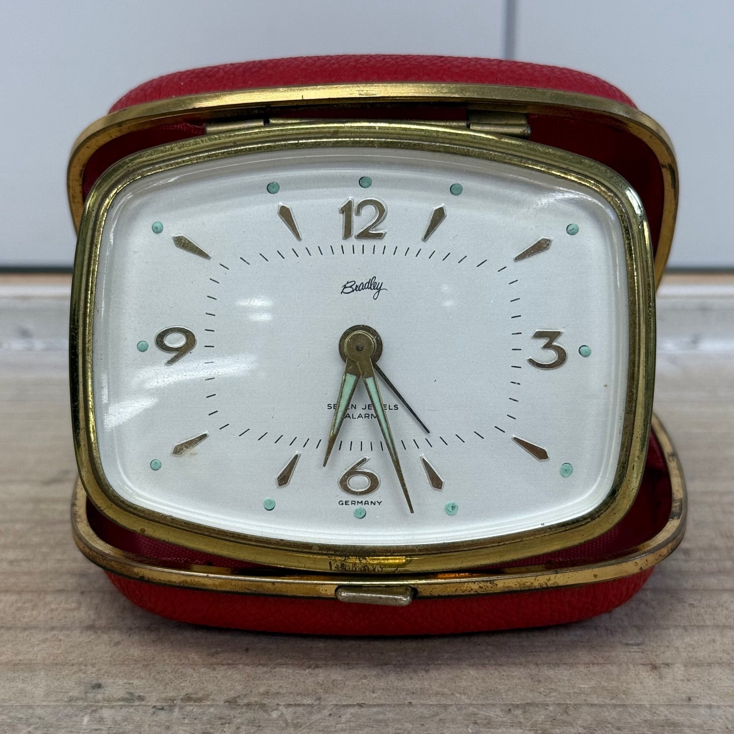 Bradley Mechanical Travel Alarm Clock in Red Leather Case