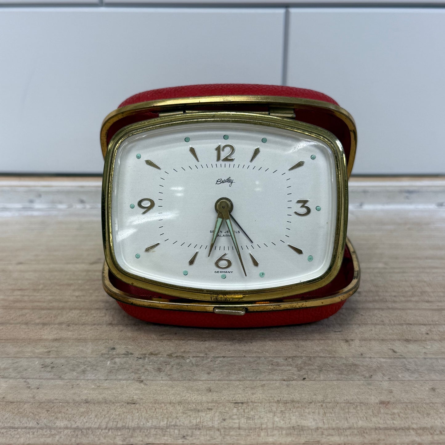 Bradley Mechanical Travel Alarm Clock in Red Leather Case