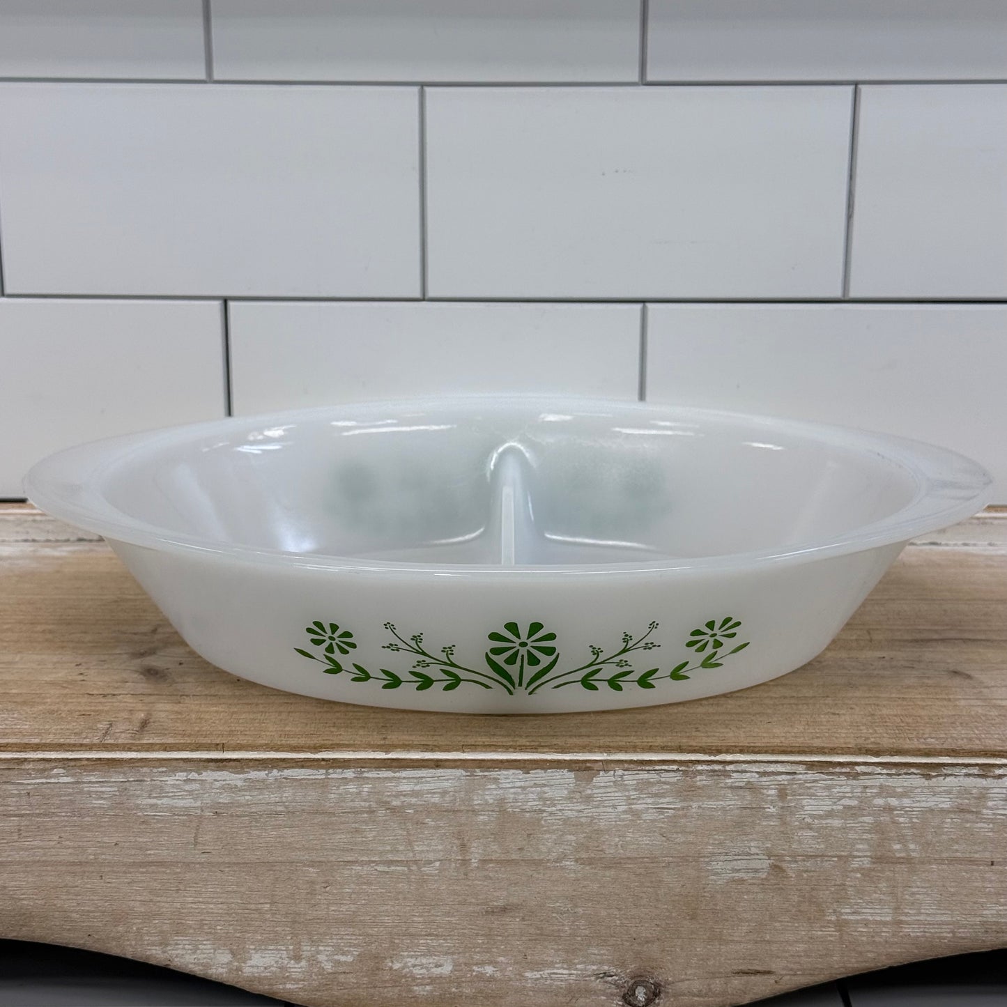 Glasbake Green Daisy Milk Glass Casserole Dishes Set of 2