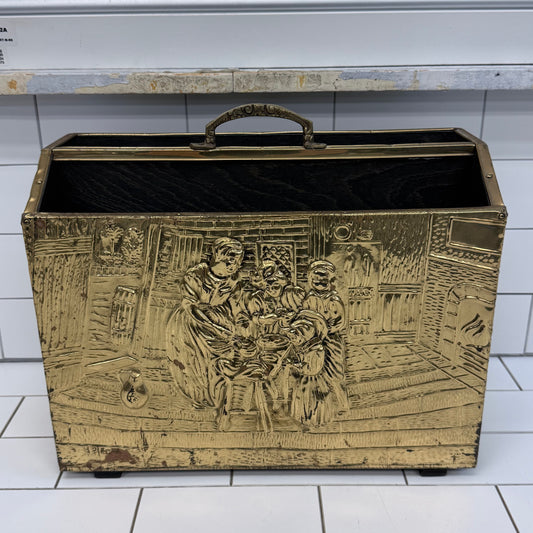Vintage Embossed Brass & Wood Magazine Rack Old World Scene