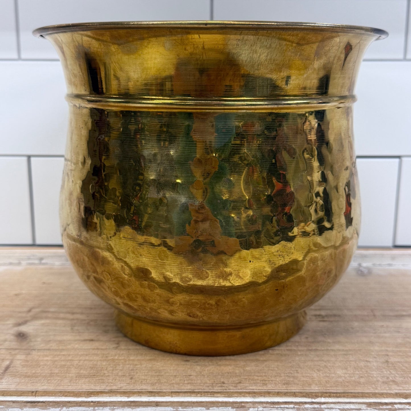 Vintage Hammered Brass Planter with Copper Lined Interior 1960s