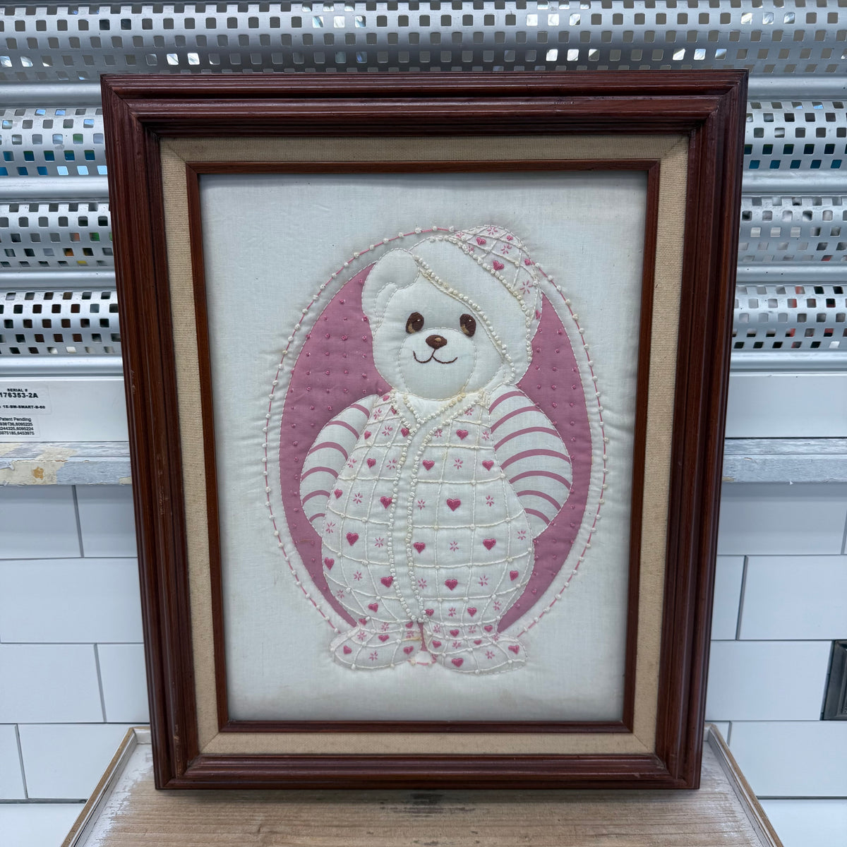 Teddy Bear Embroidery Pink Pajamas Nursery Textile Wall Art