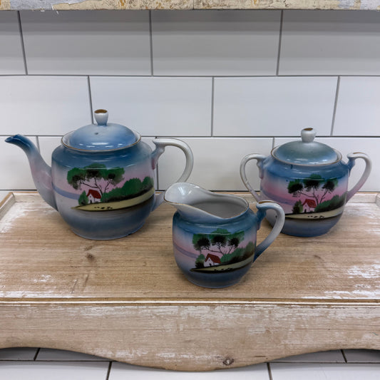 Hand Painted Tea Set 3 Cottage Landscape Decor