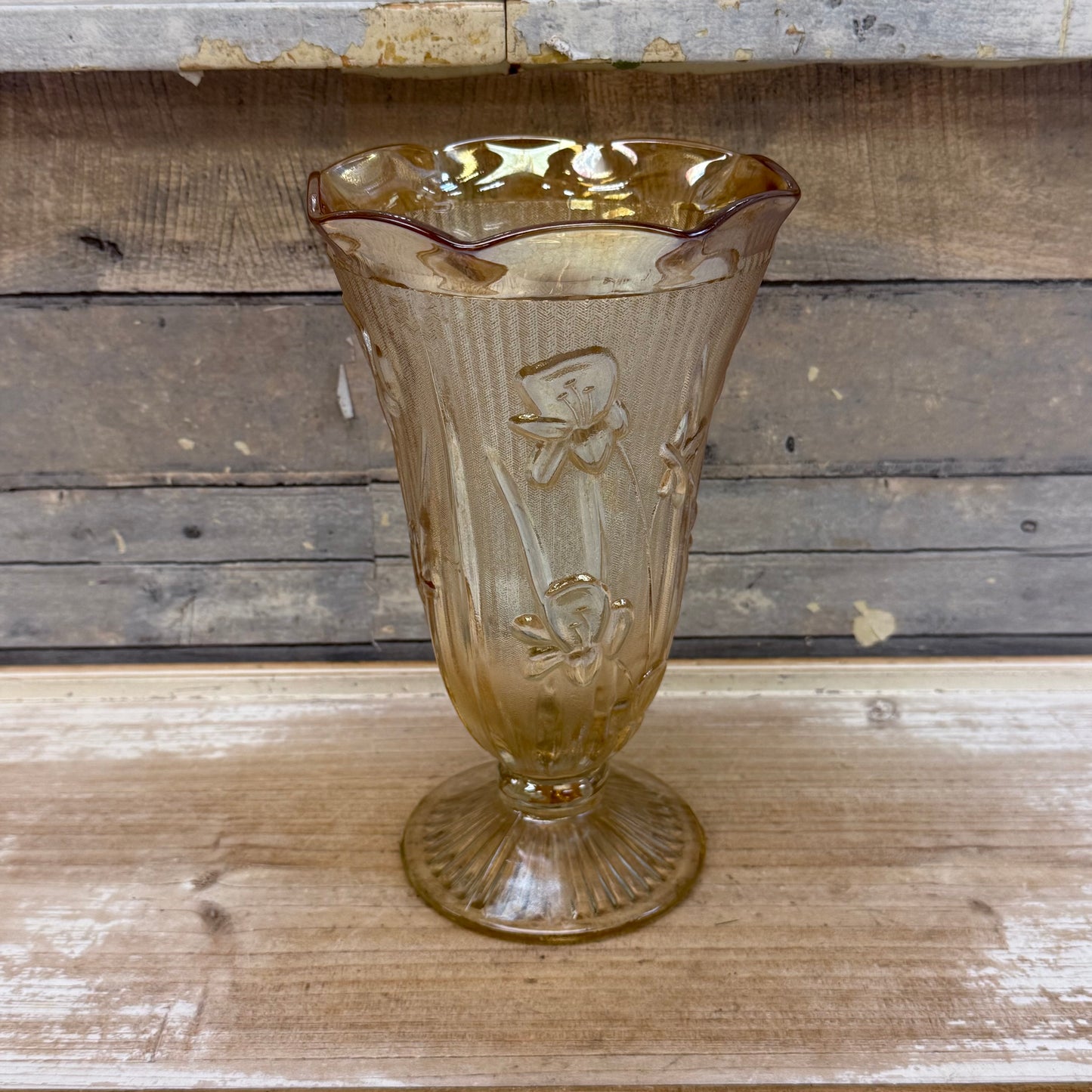 Jeannette Glass Embossed Iris and Herringbone Carnival Vase