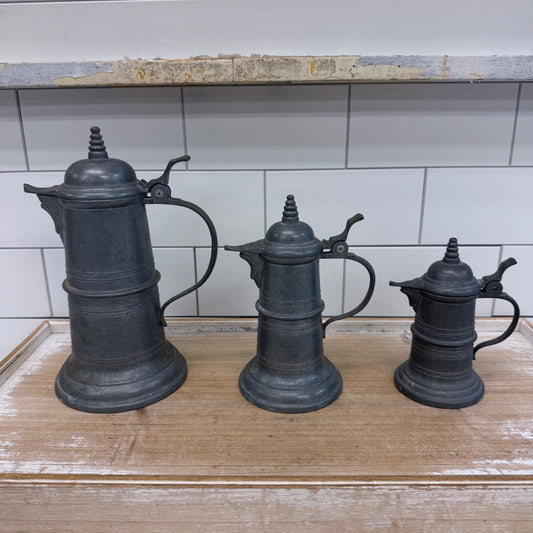 Pewter Flagon Set of 3 with Hinged Lids