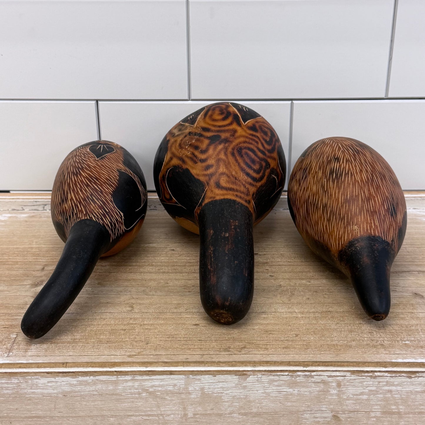 Peruvian Carved Gourd Rattles Animal Folk Art Set 1970s