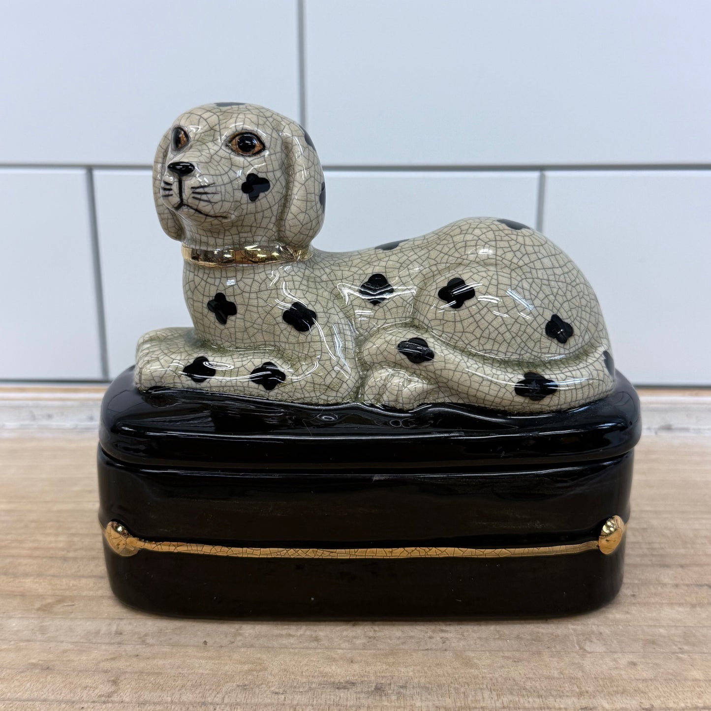 Takahashi Dalmatian Porcelain Trinket Box Japan 1980s Gilded