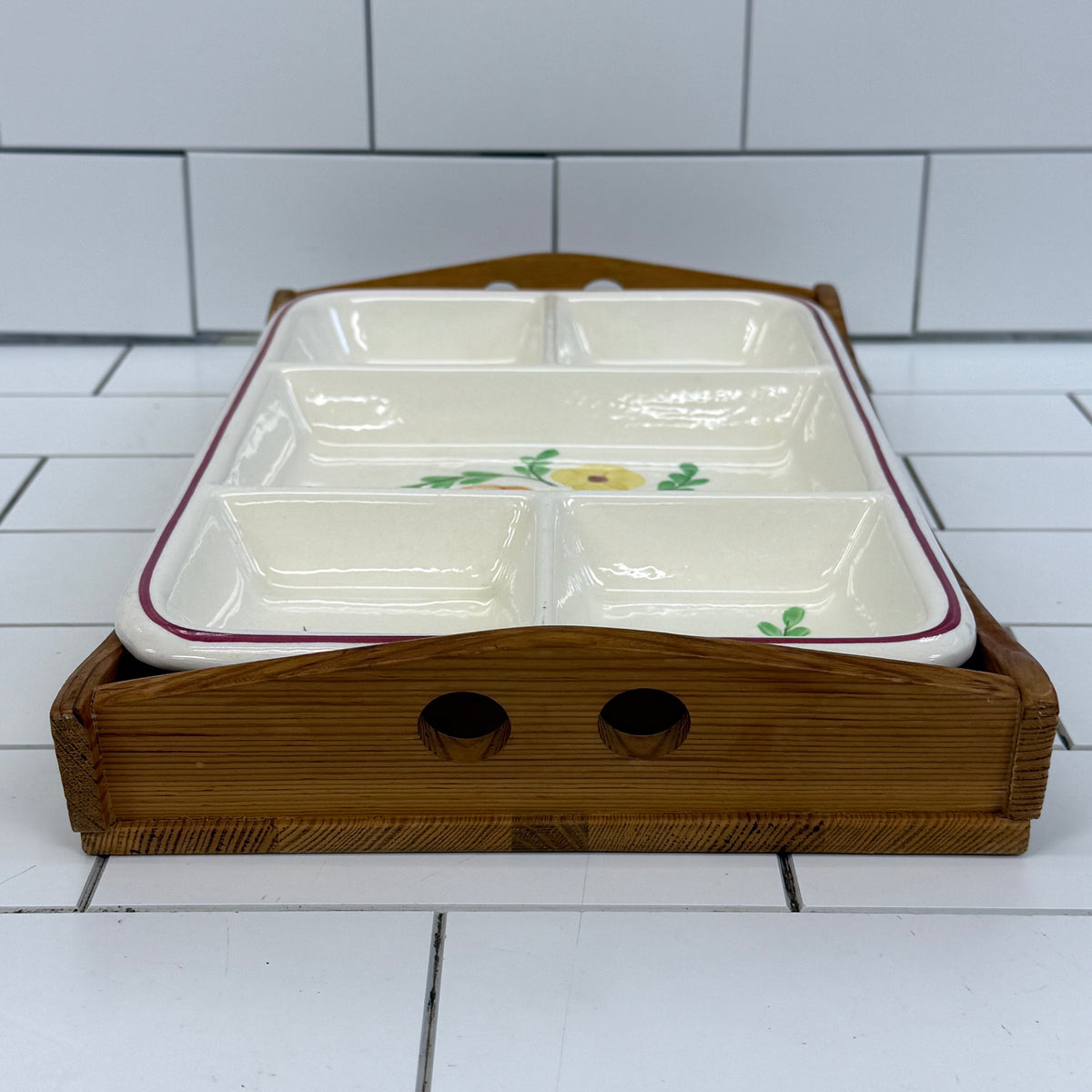 Hand Painted Floral Serving Dish with Wood Tray