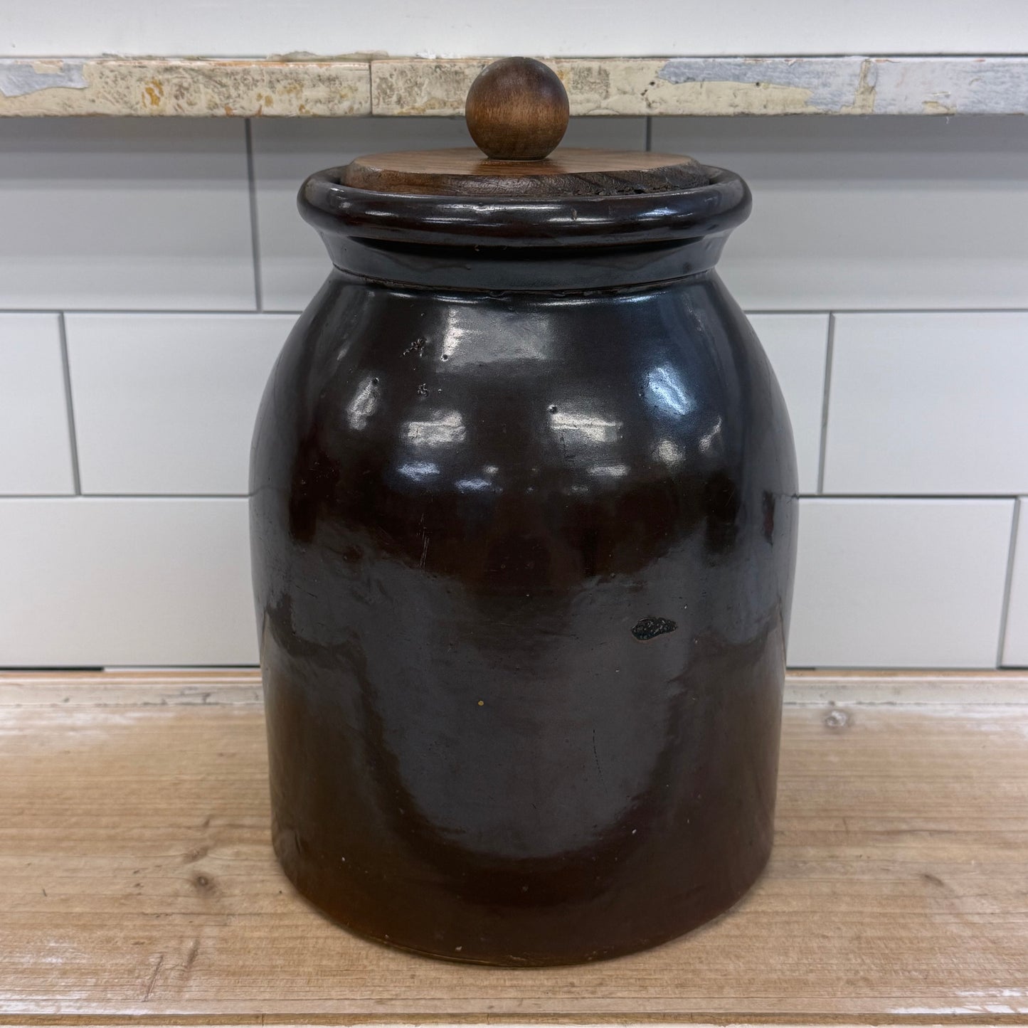 Stoneware Storage Crock with Wooden Lid Brown Glazed Kitchen Jar