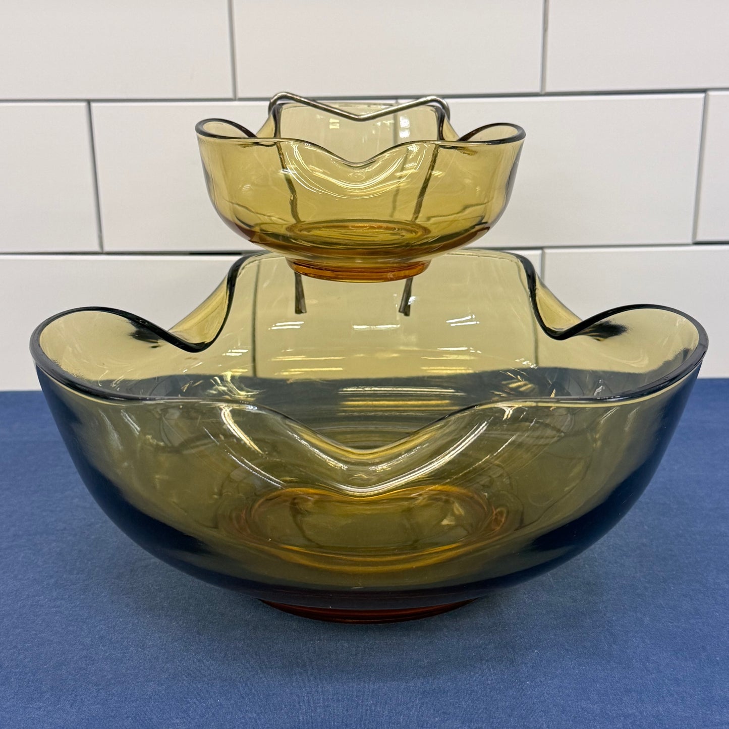 Anchor Hocking Accent Amber Glass Chip Dip Bowl Set Vintage 1960s