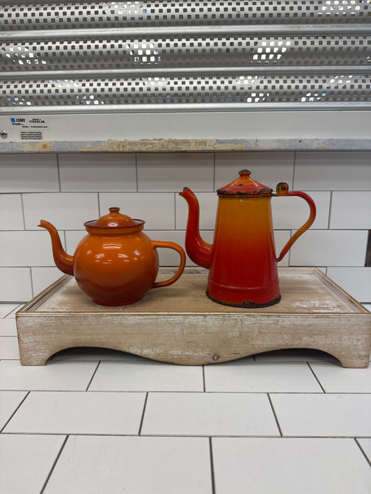 Orange Enamelware Coffee Pot & DRU Teapot Set Vintage