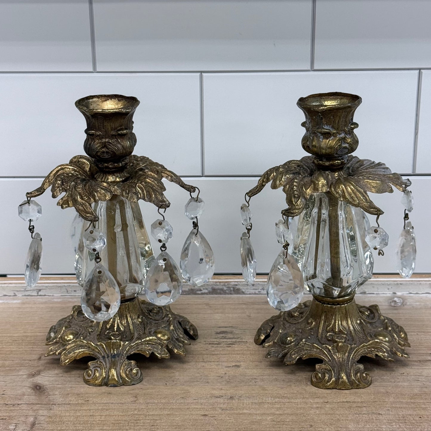 L&L WMC Brass Crystal Prism Candlestick Holders Set of 2 1973