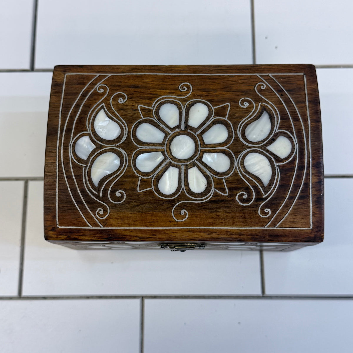 Wood Mother of Pearl Inlay Jewelry Trinket Box