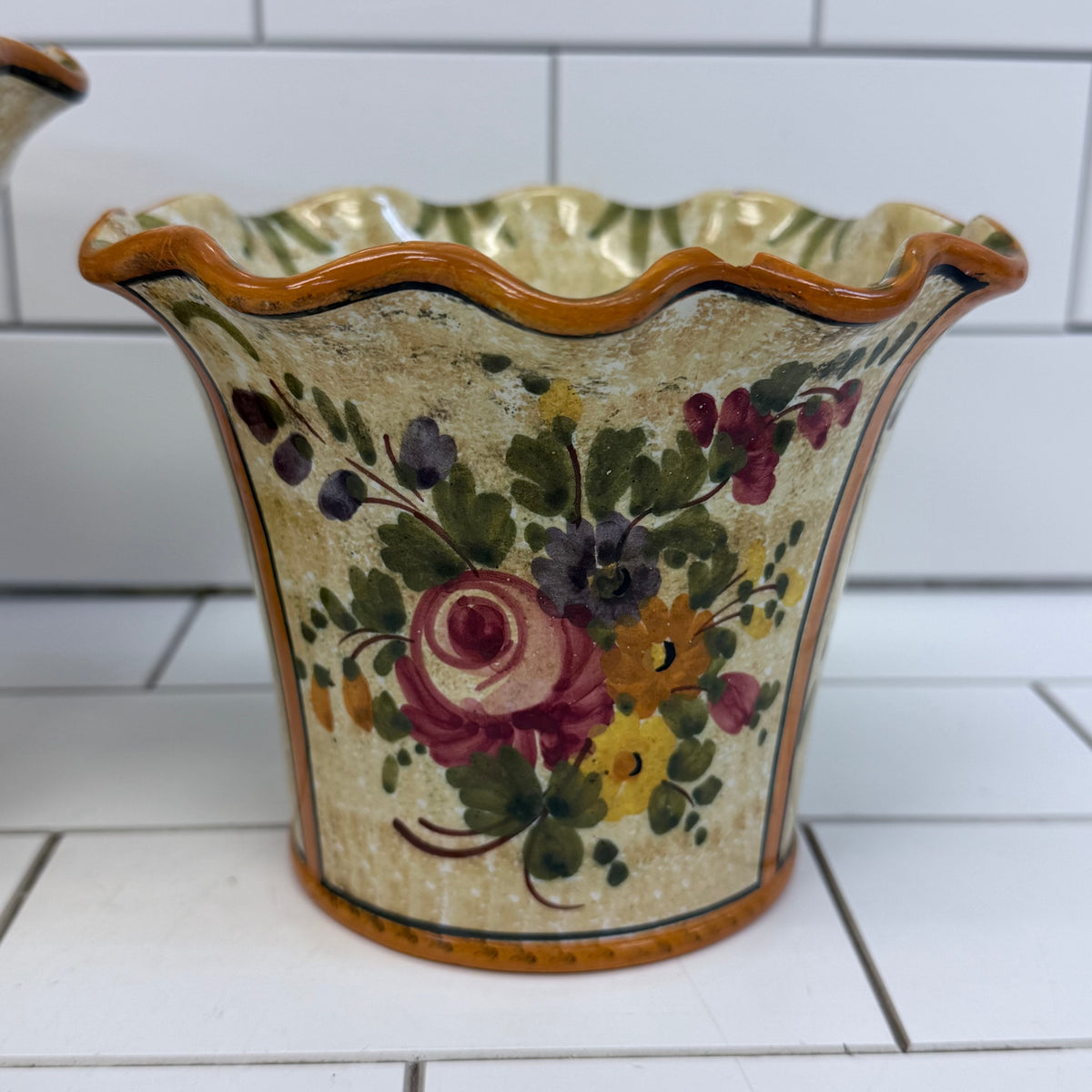 Italian Hand Painted Floral Ceramic Planters Set of 2