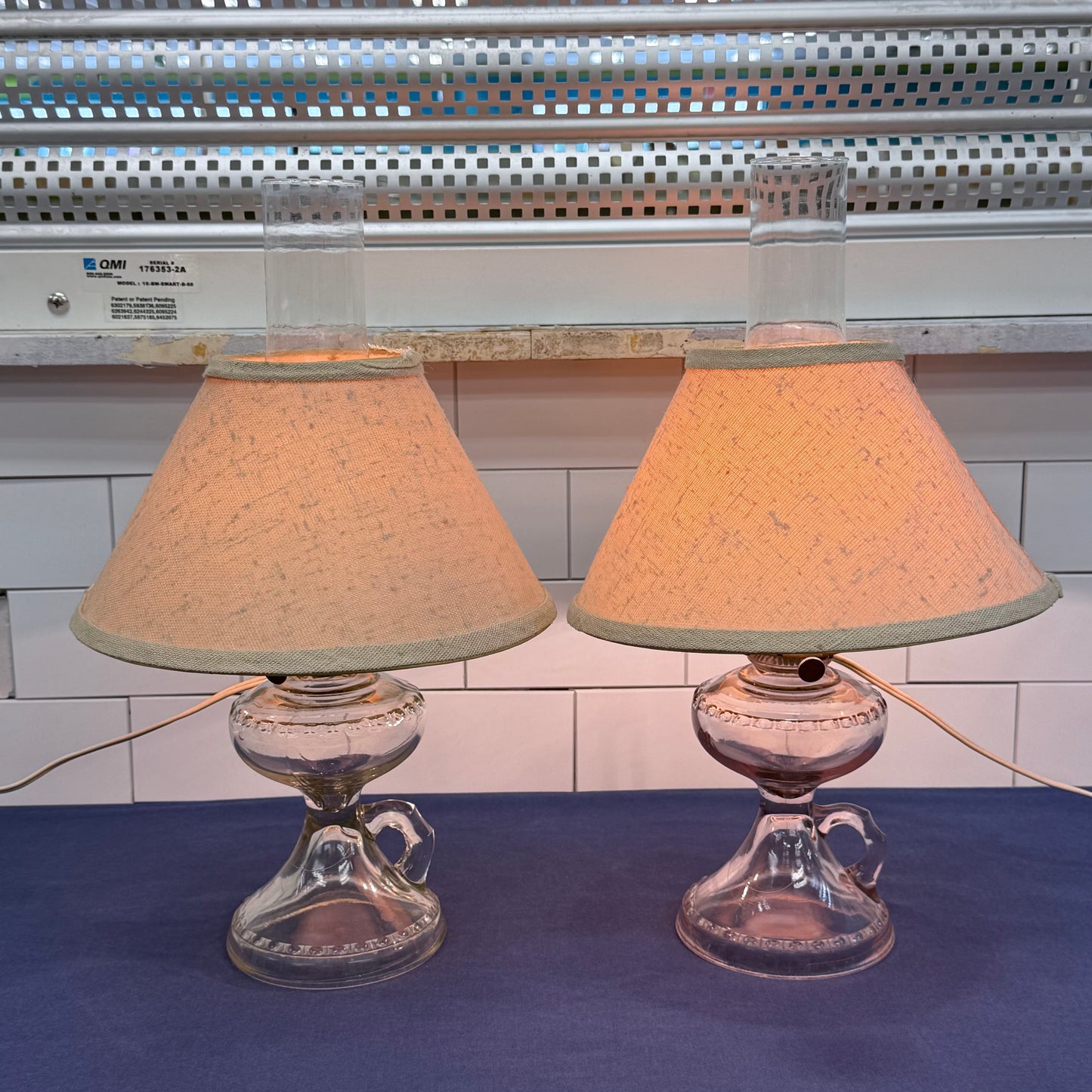 Electrified Glass Oil Finger Lamps with Chimneys Shades Set of 2