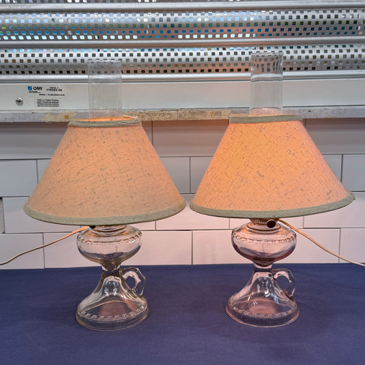 Electrified Glass Oil Finger Lamps with Chimneys Shades Set of 2