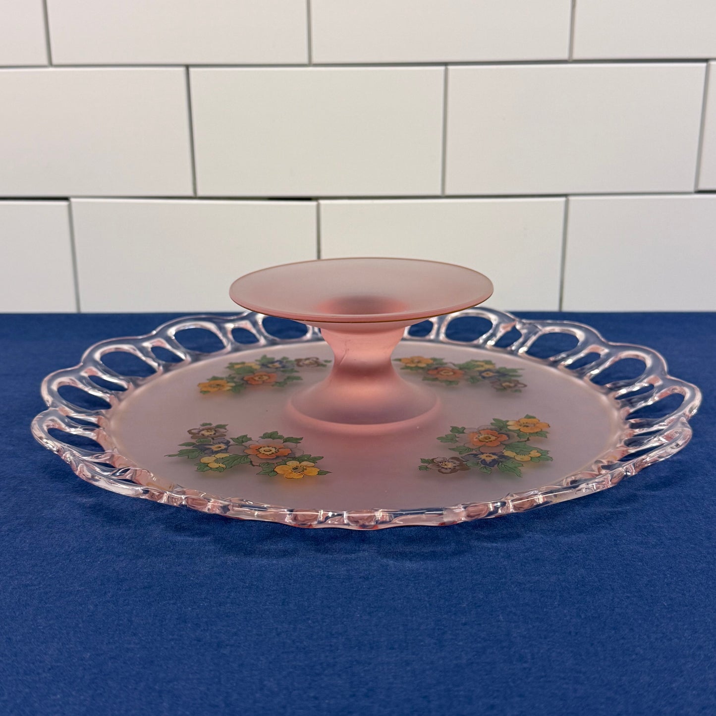 Pink Frosted Glass Floral Openwork Handled Serving Plate