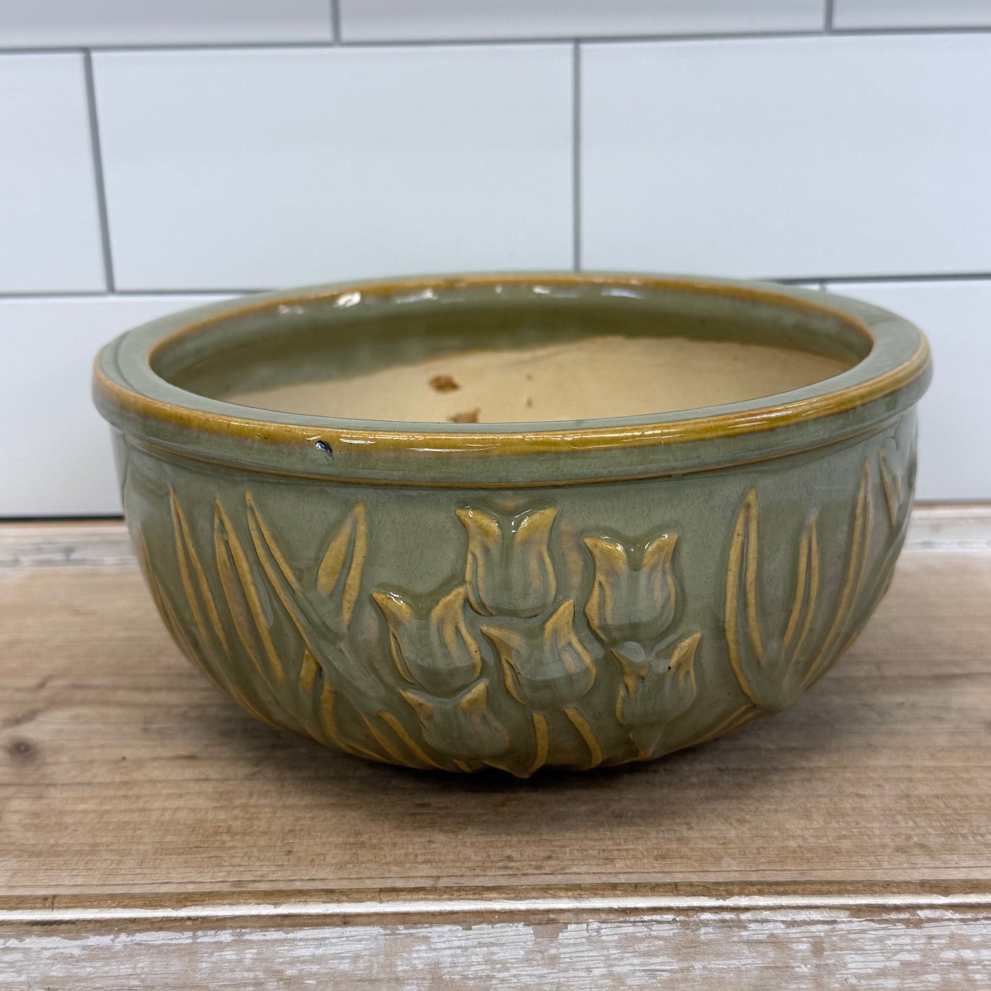 Embossed Tulip Floral Planter Sage Green Glazed Ceramic