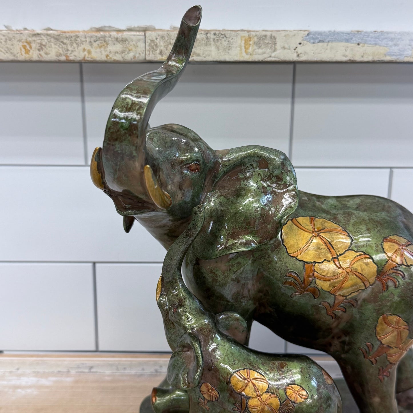 Mother Elephant Calf Figurine Faux Bronze Floral Statue