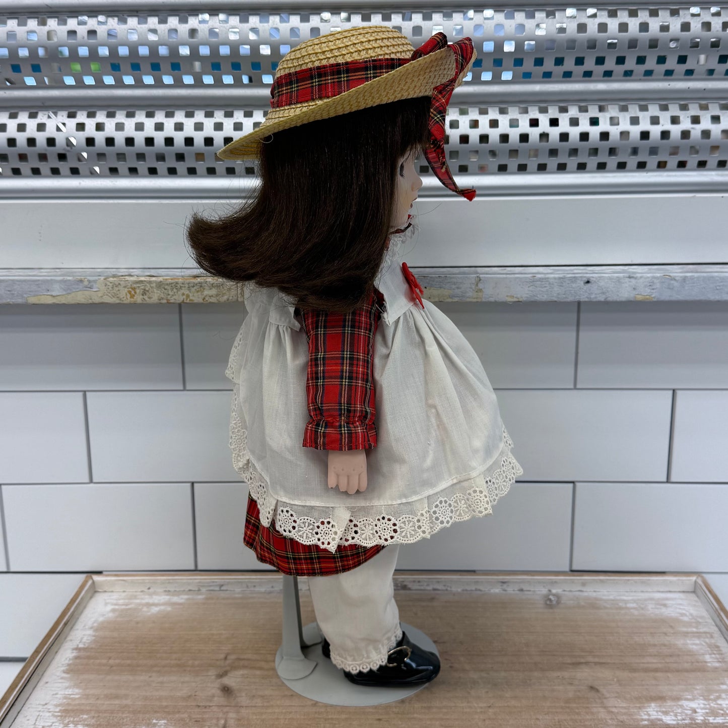Musical Porcelain Doll in Plaid Dress with Stand & Music Box
