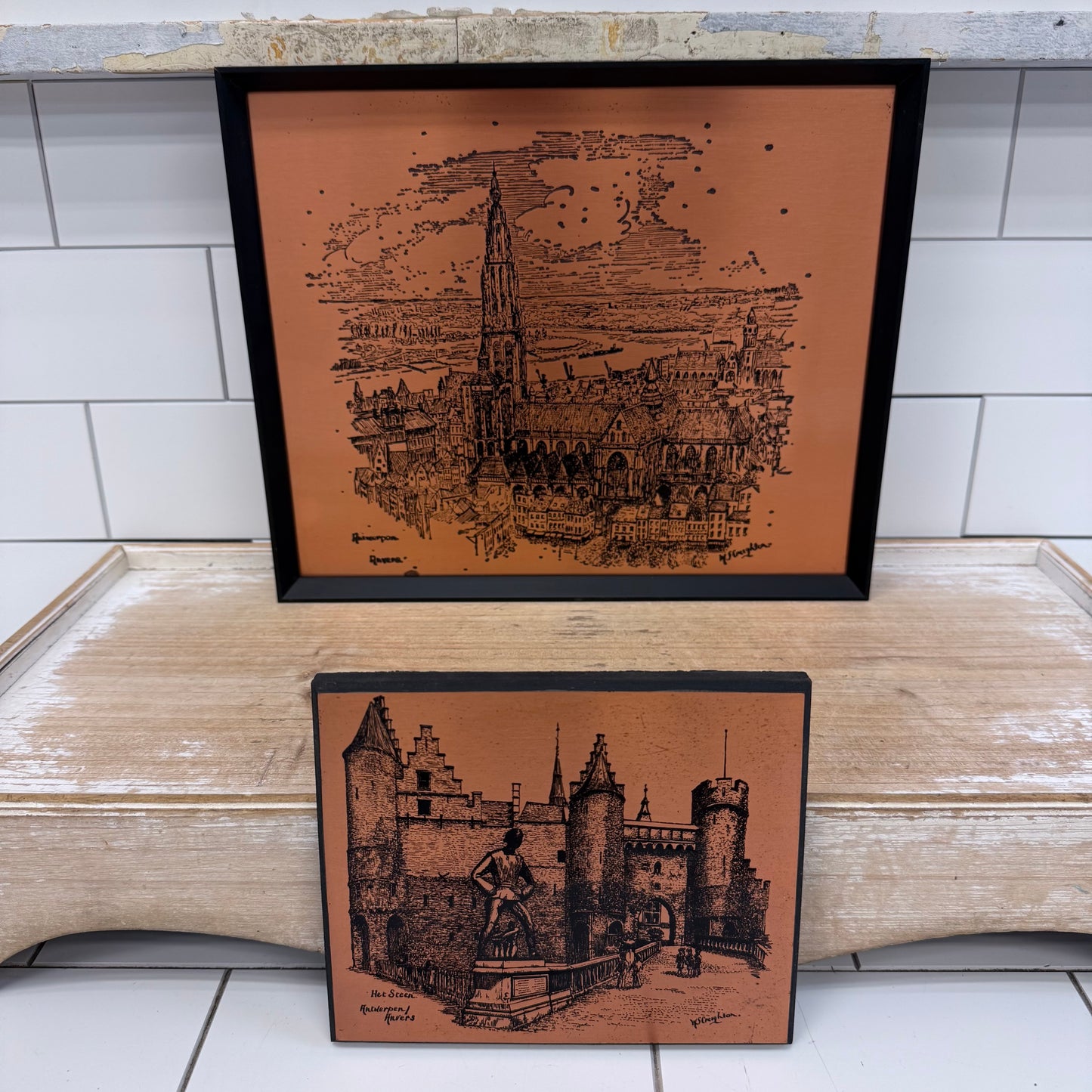 Antwerp Belgium Etched Copper Plaques Signed W. S. Creighton Set of 2