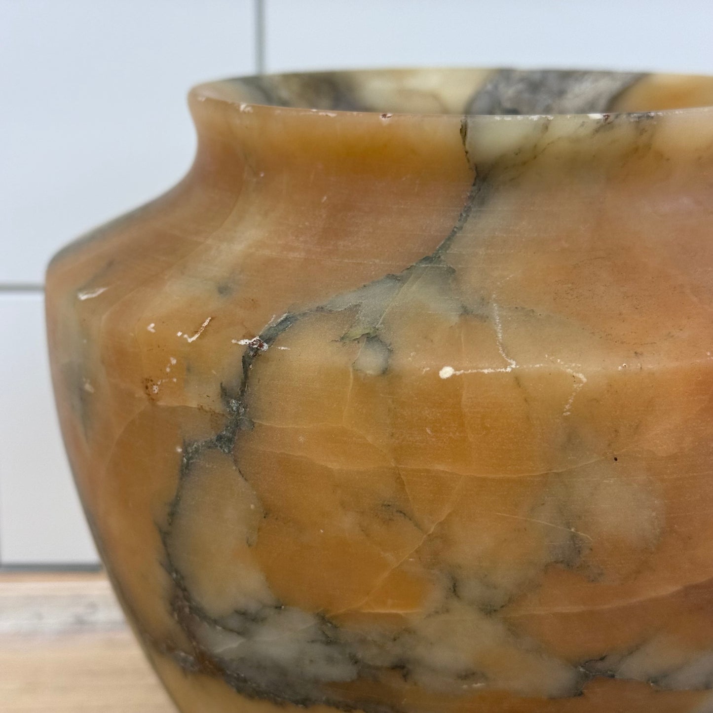 Natural Alabaster Stone Vase Hand Carved Decorative Vessel Vintage